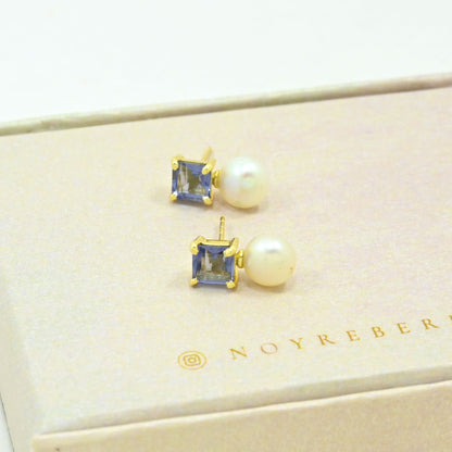 pearl tanzanite stud earring gold plated