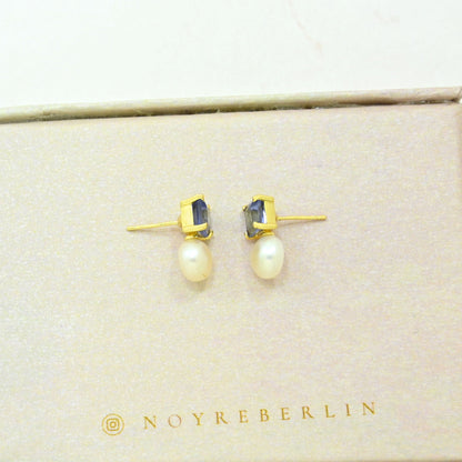 pearl tanzanite stud earring gold plated