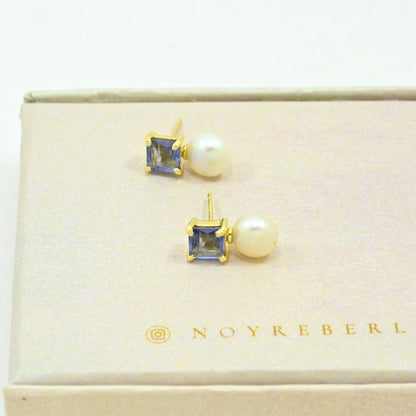 pearl tanzanite stud earring gold plated
