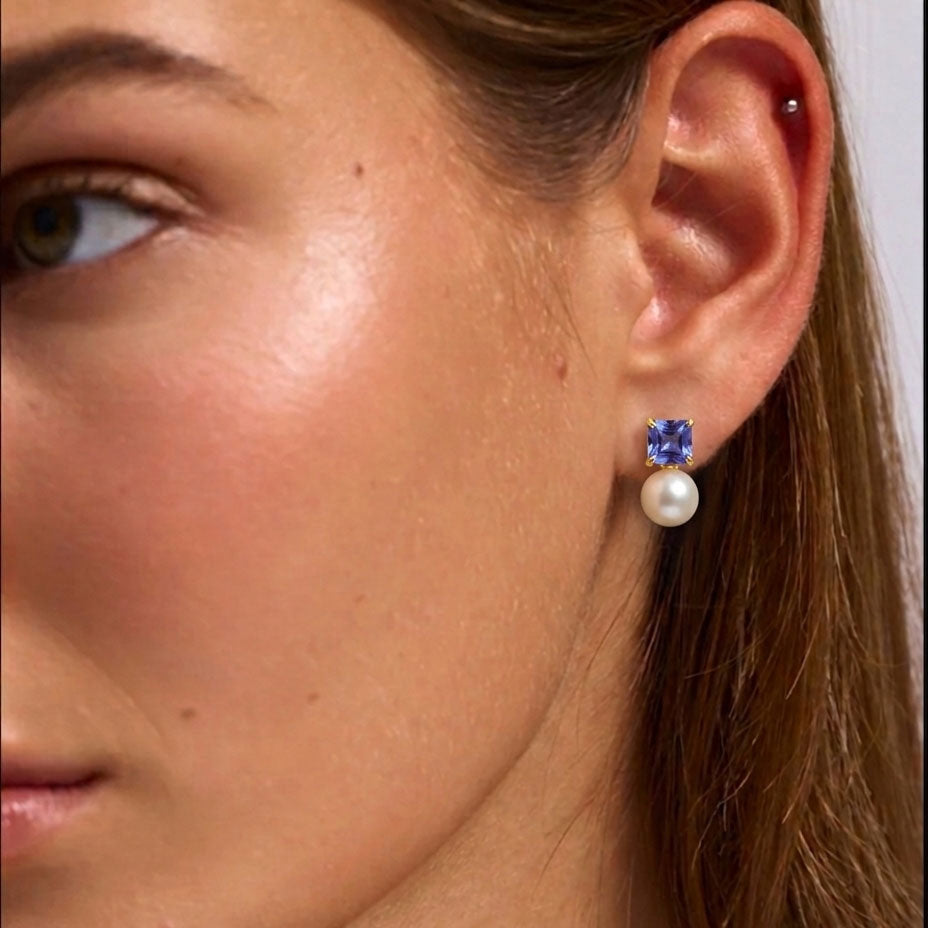 pearl tanzanite stud earring gold plated
