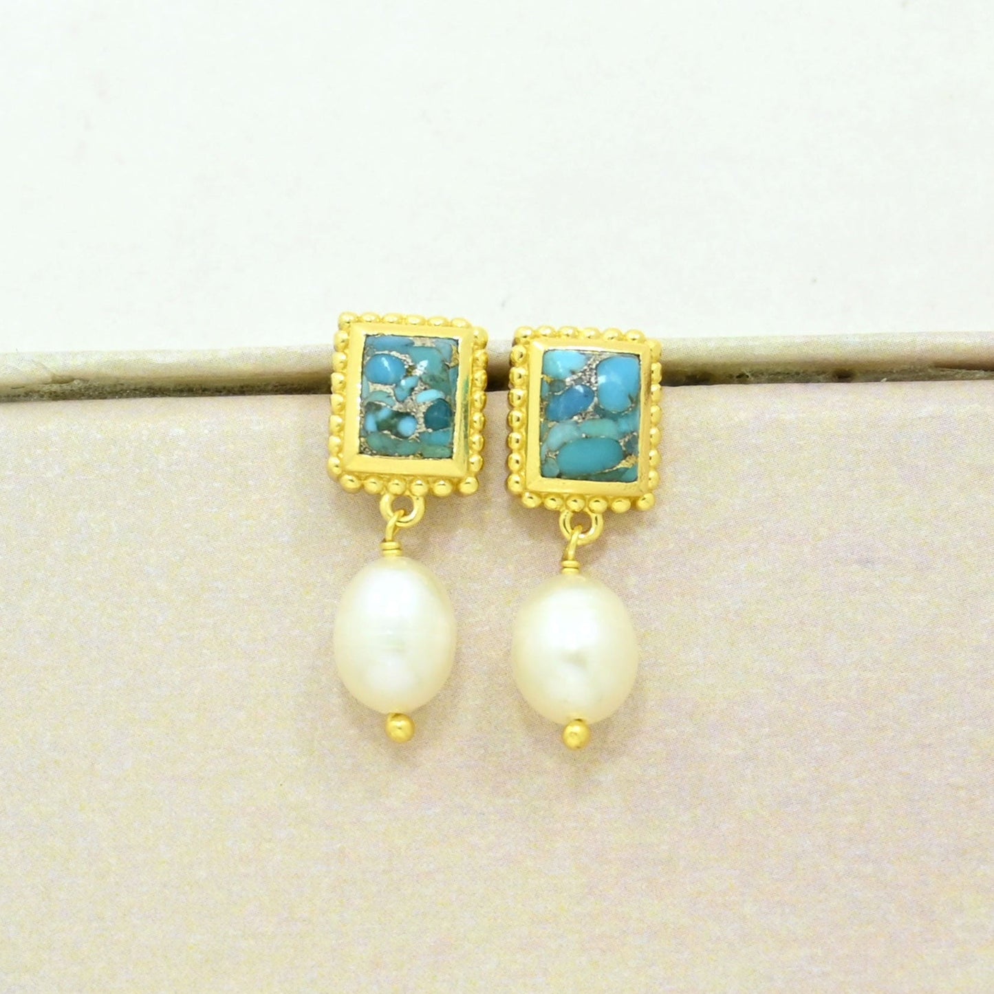 pearl turquoise boho earring gold plated