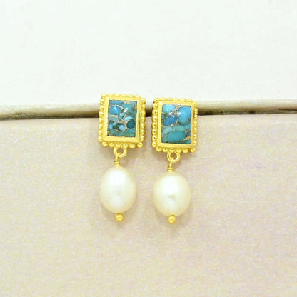 pearl turquoise boho earring gold plated