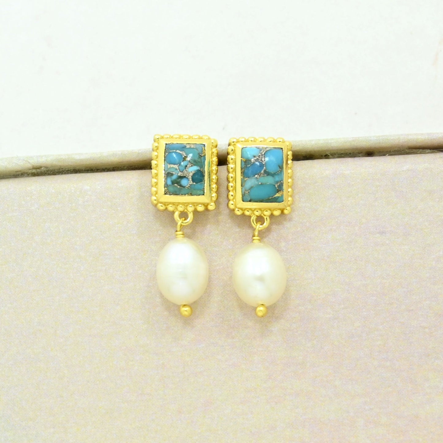 pearl turquoise boho earring gold plated