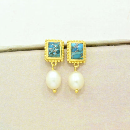 pearl turquoise boho earring gold plated