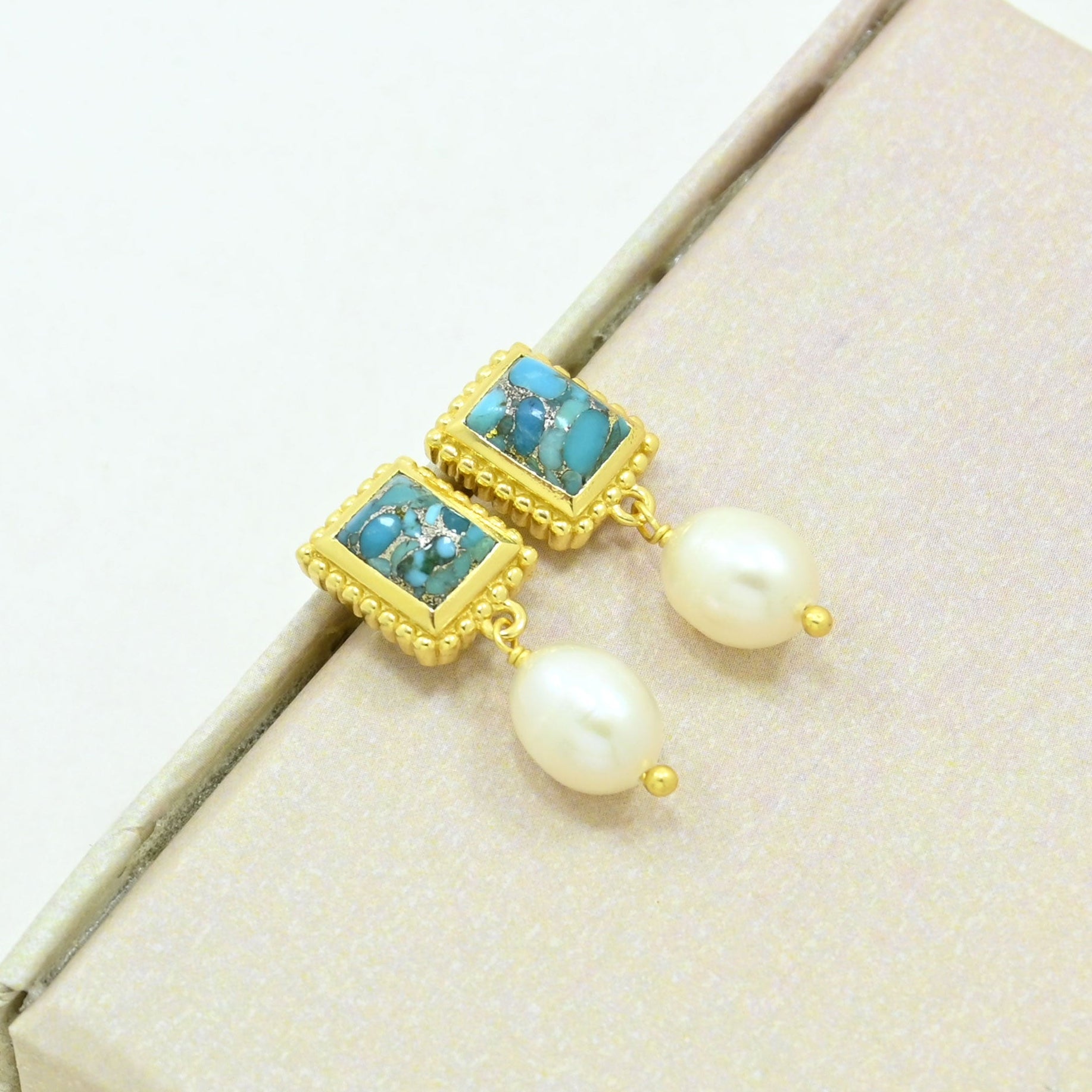 pearl turquoise boho earring gold plated