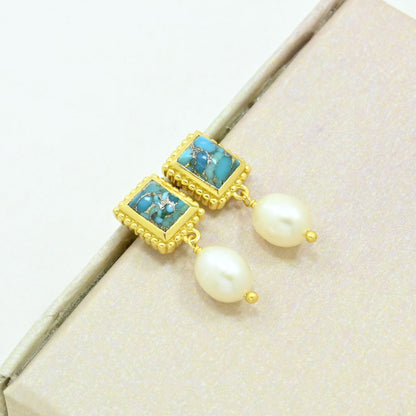 pearl turquoise boho earring gold plated