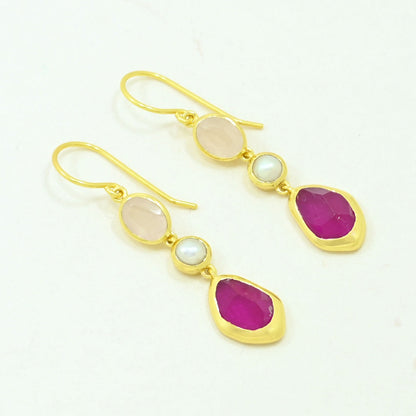 rose quartz pearl earring gold plated