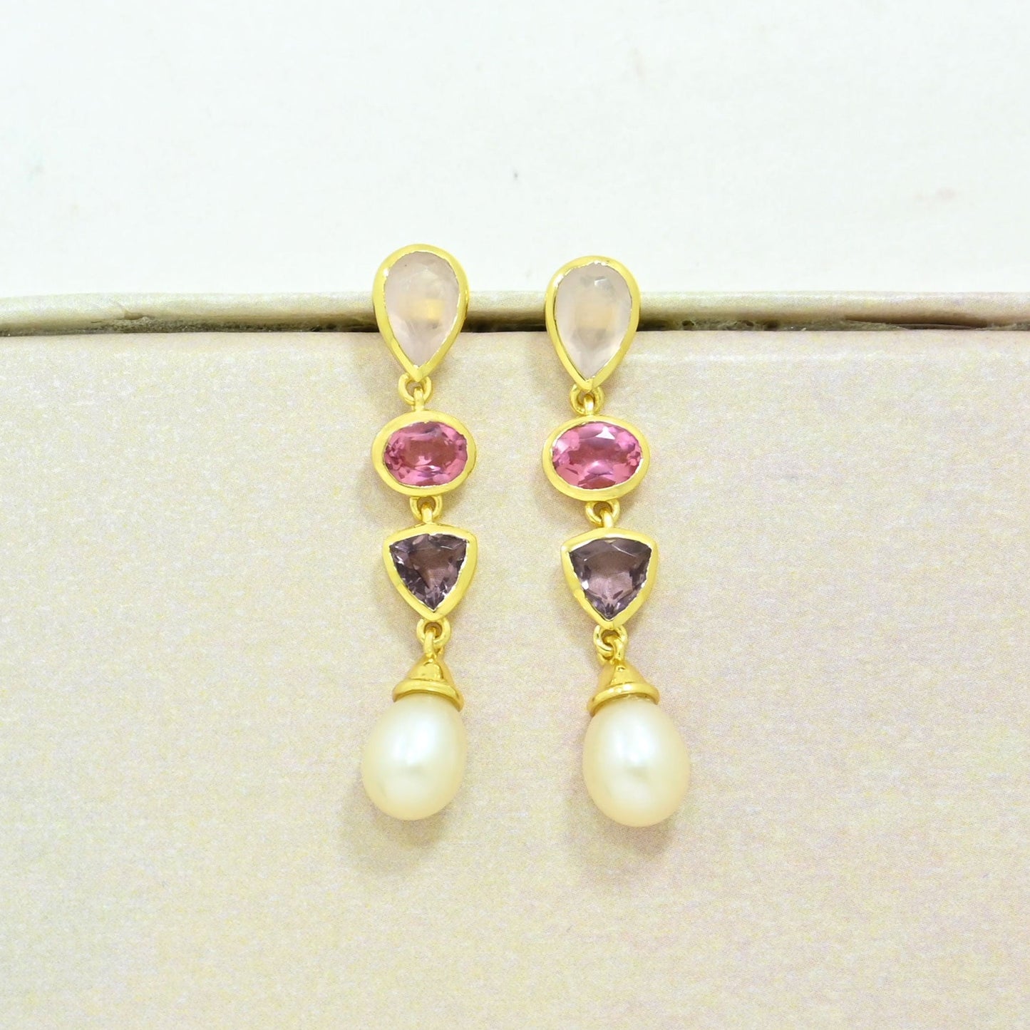 rose quartz pink tourmaline pearl earring gold plated