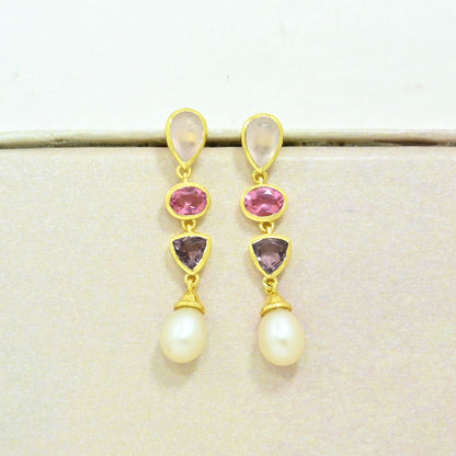 rose quartz pink tourmaline pearl earring gold plated