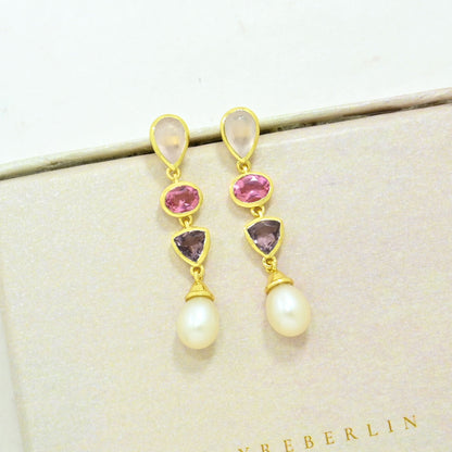 rose quartz pink tourmaline pearl earring gold plated