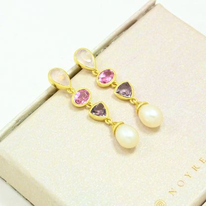 rose quartz pink tourmaline pearl earring gold plated