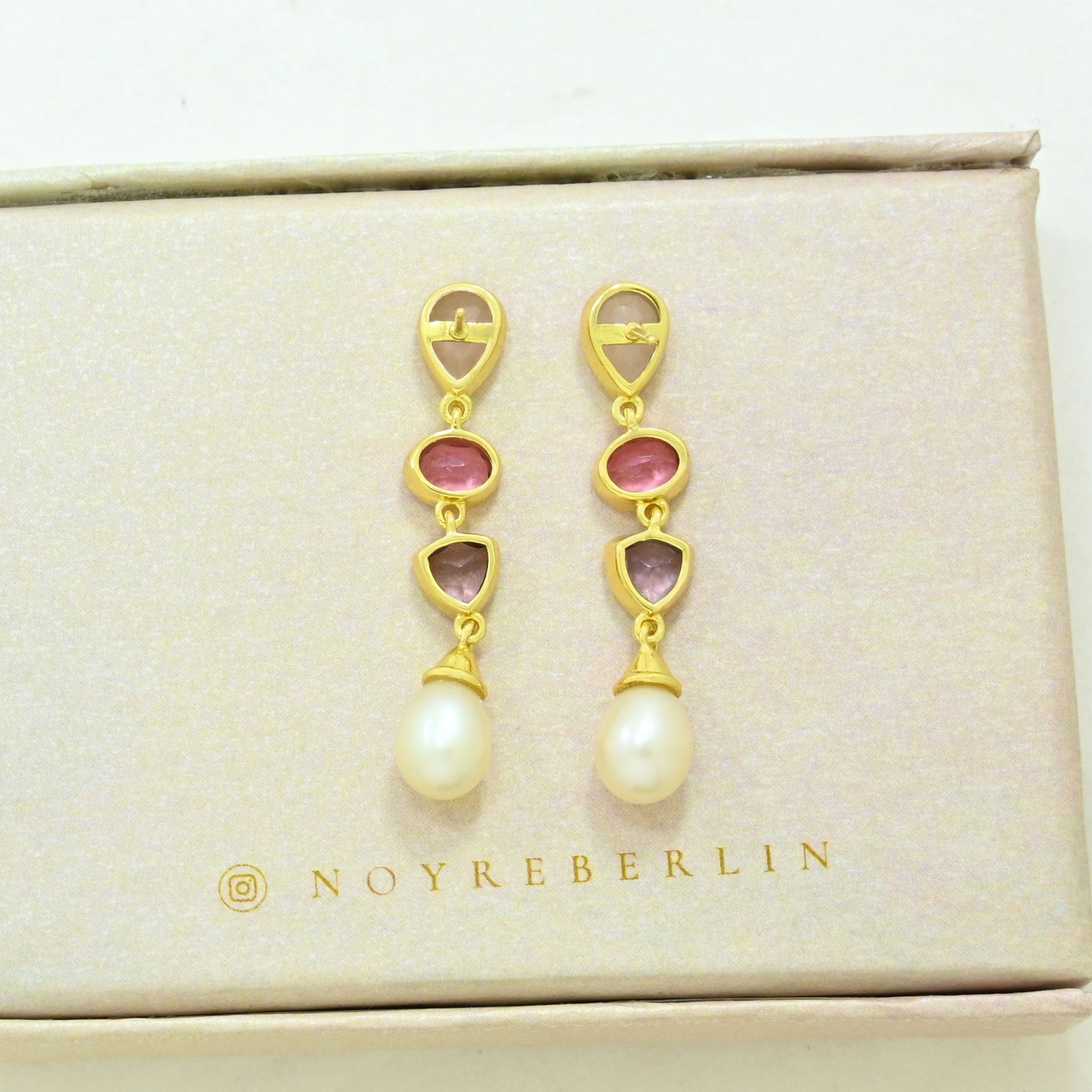 rose quartz pink tourmaline pearl earring gold plated