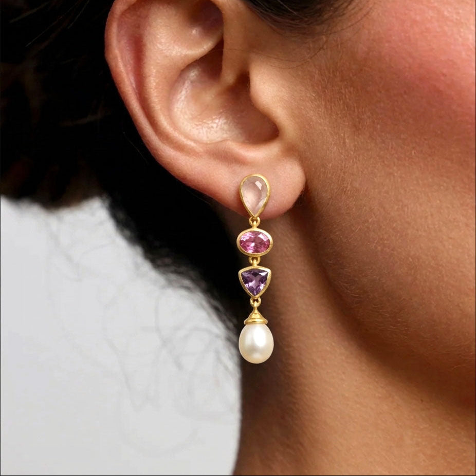 Rose Quartz Pink Tourmaline Pearl Earring Gold Plated