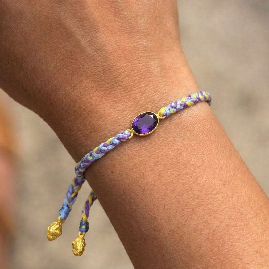 Hand-Woven Lavender Yellow Braided Bracelet - Purple Amethyst