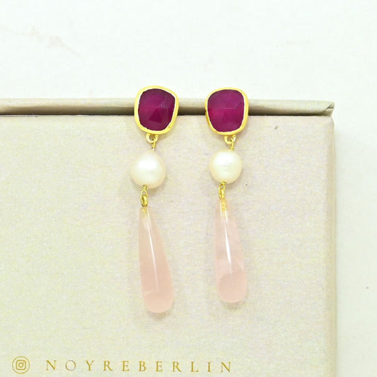 rose quartz pearl earring gold plated