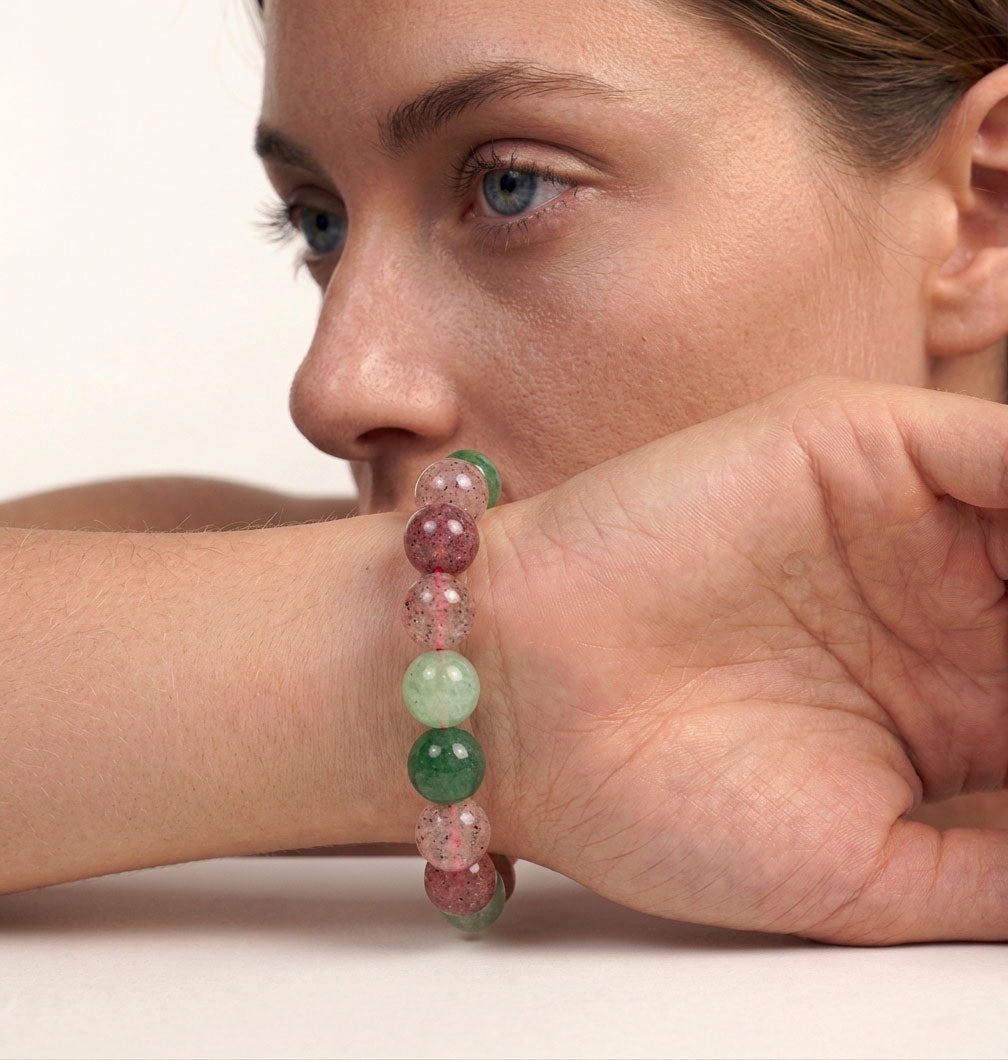 Gemstone Beaded Bracelet - Red & Green Strawberry Quartz