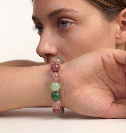 Gemstone Beaded Bracelet - Red & Green Strawberry Quartz