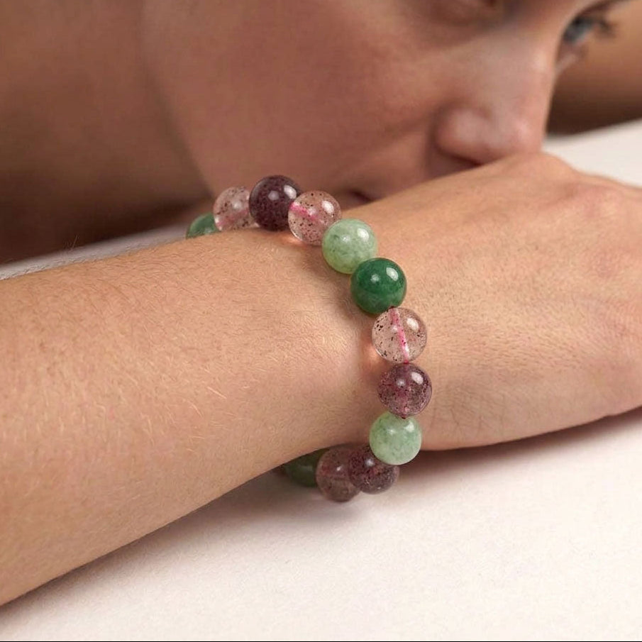 Gemstone Beaded Bracelet - Red & Green Strawberry Quartz