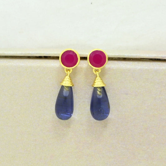 pink fuchsia onyx & tanzanite earring gold plated