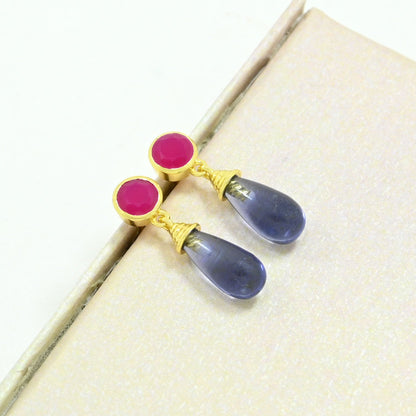 pink fuchsia onyx & tanzanite earring gold plated
