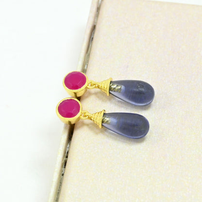 pink fuchsia onyx & tanzanite earring gold plated