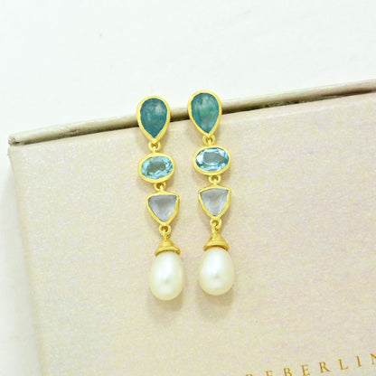 blue topaz pearl aquamarine earring gold plated