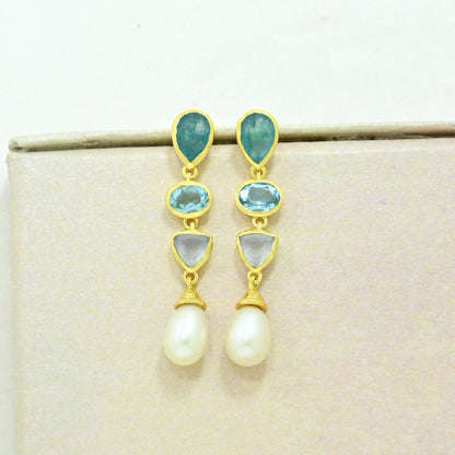blue topaz pearl aquamarine earring gold plated