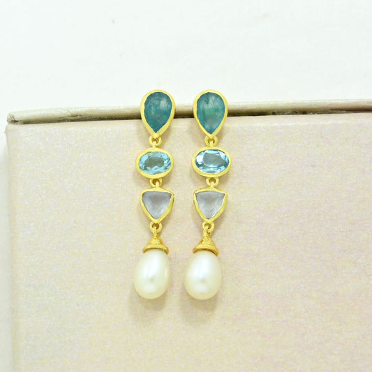 blue topaz pearl aquamarine earring gold plated