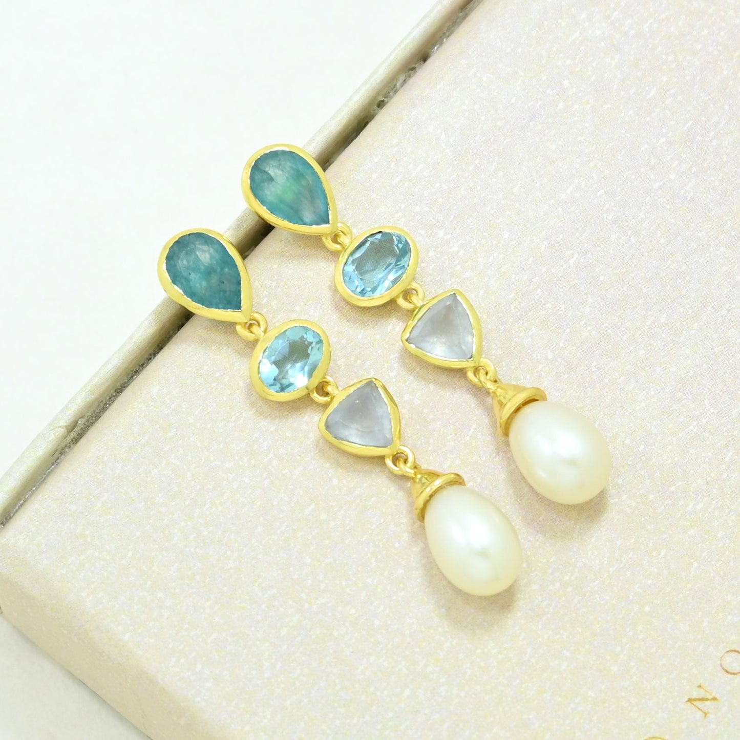 blue topaz pearl aquamarine earring gold plated