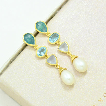 blue topaz pearl aquamarine earring gold plated