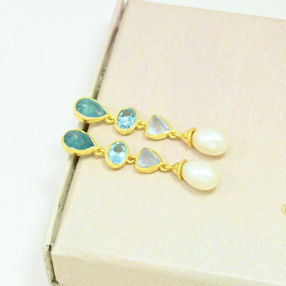 blue topaz pearl aquamarine earring gold plated