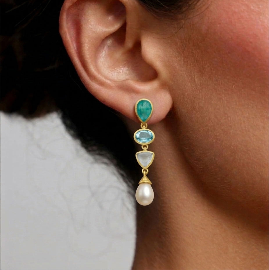 Blue Topaz Pearl Earring Gold Plated