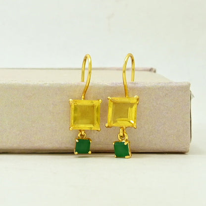 citrine & green onyx drop earring gold plated silver 925